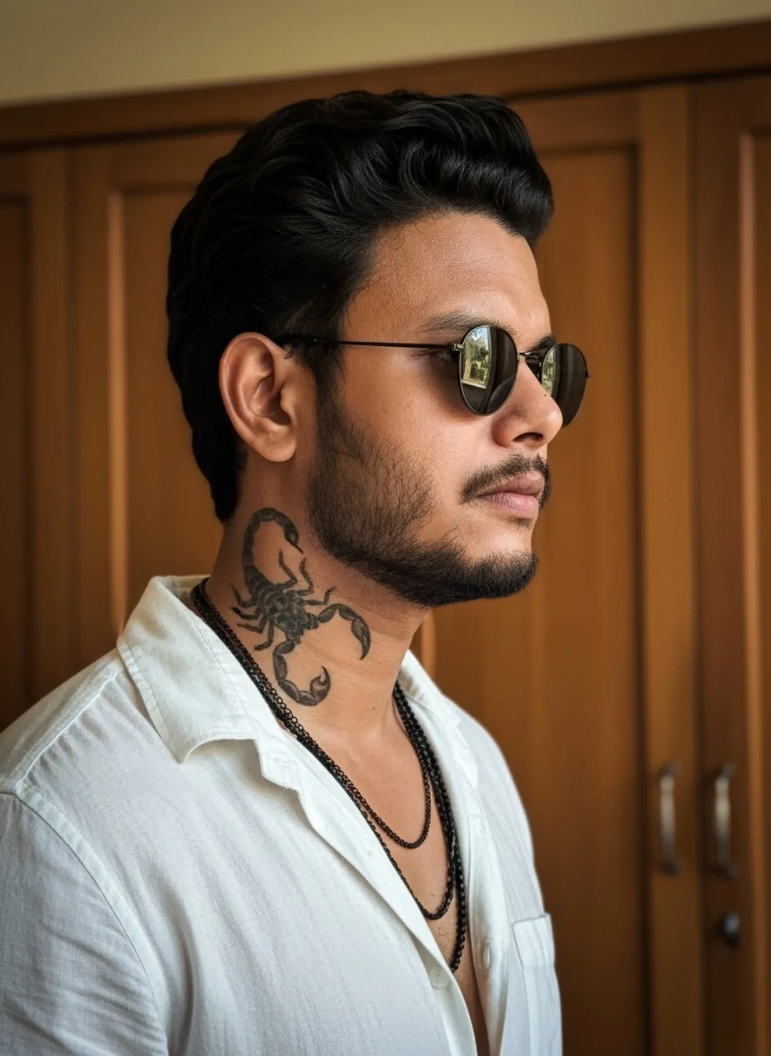 A realistic close-up side-profile portrait of a young South Asian man with fair-to-medium skin tone, looking toward the right.
