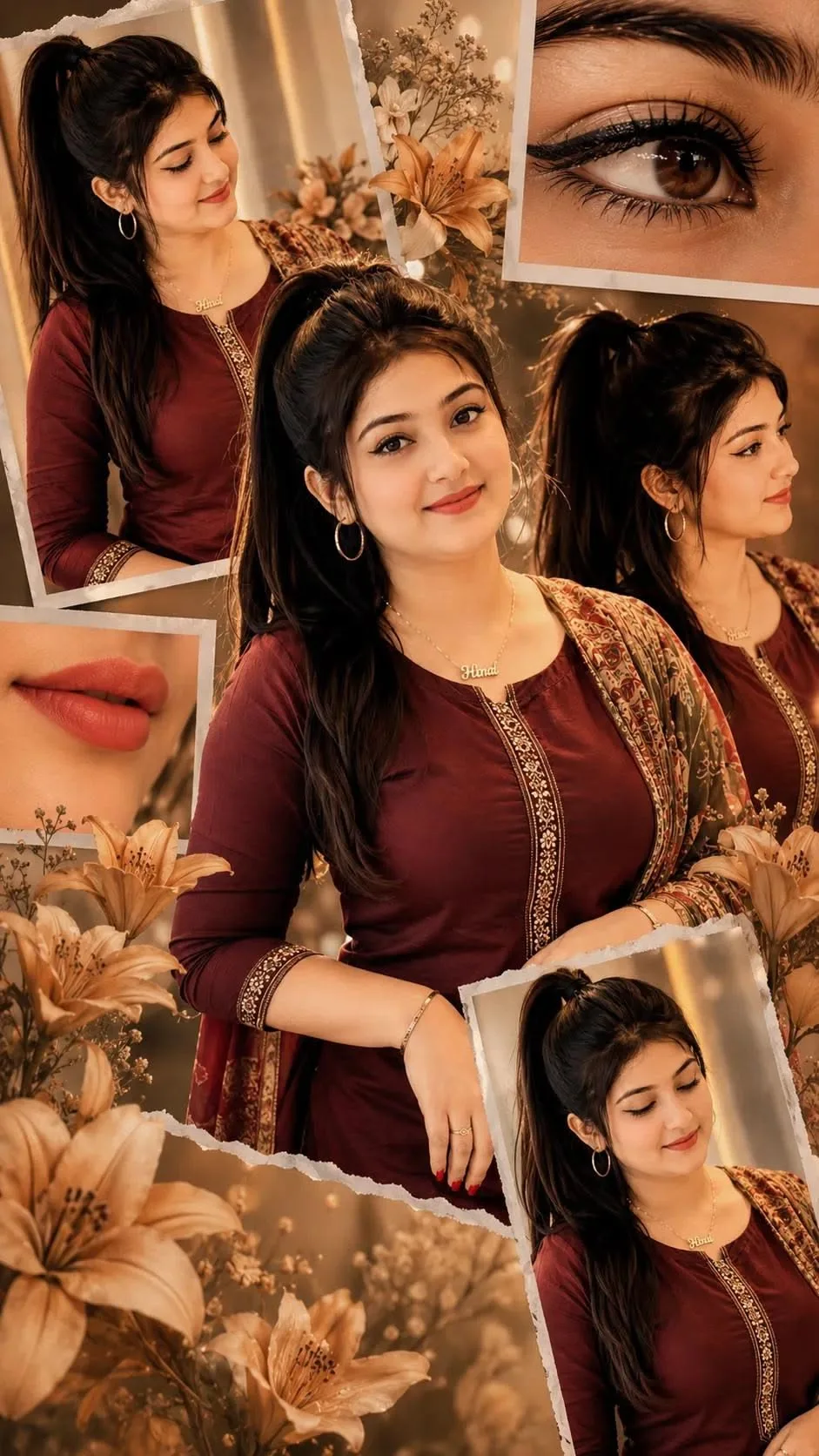 A complex vertical aesthetic scrapbook photo collage featuring multiple overlapping panels of a beautiful young South Asian woman.