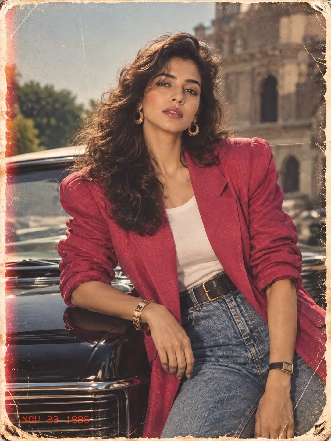 Create an ultra-realistic full-body portrait of a completely fictional young Indian woman standing confidently outside a busy Bombay cinema