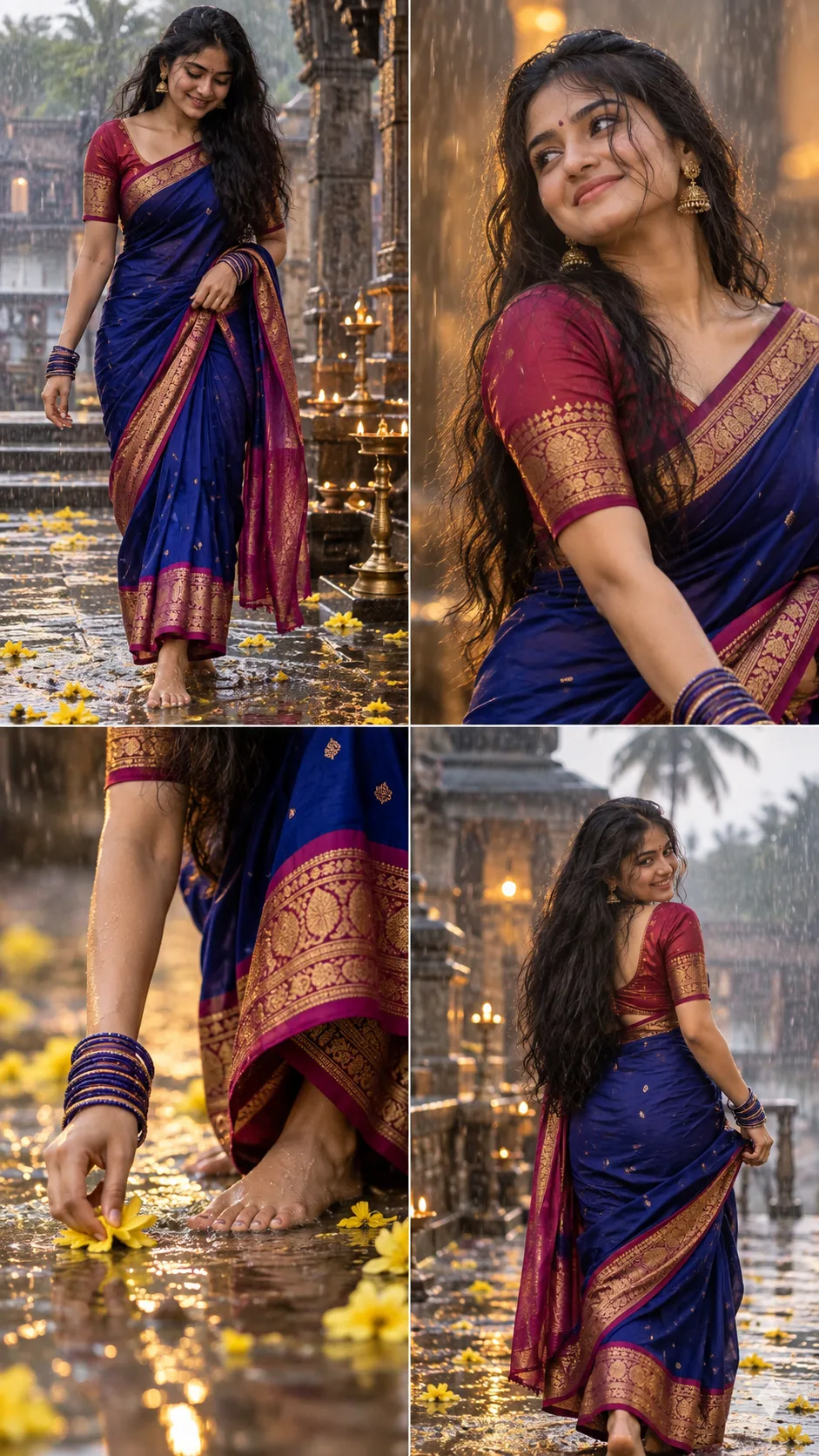 Ultra-realistic 9:16 cinematic portrait of a South Indian woman in a royal blue and magenta saree with intricate gold borders, walking