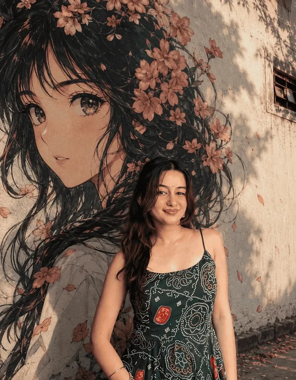 { "prompt_name": "Anime Mural Street Portrait", "description": "A cinematic urban portrait that keeps the uploaded person realistic and