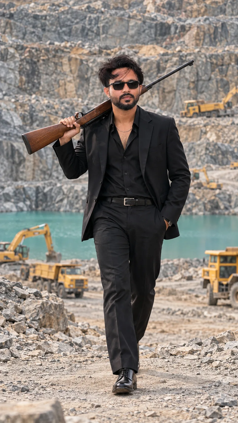 Create a highly realistic cinematic full-body fashion portrait of a stylish young Indian man walking confidently through a rugged open-pit