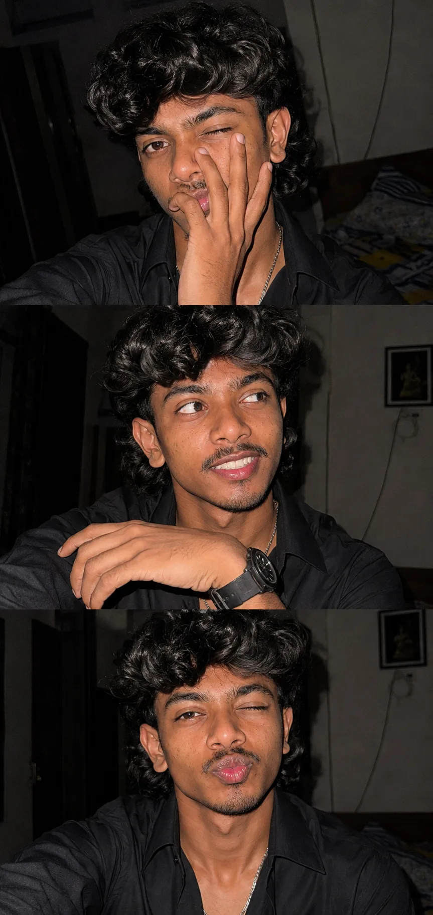 Collage de selfie ultra realista con flash nocturno, tres fotos apiladas de teléfonos móviles.mano en cara, guiño juguetón, mirando hacia