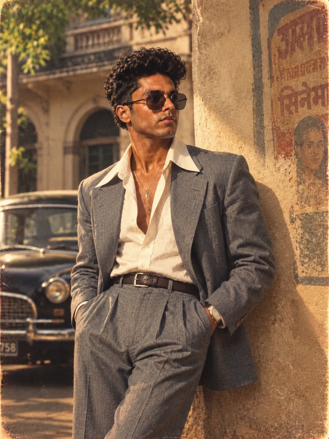Transform the uploaded portrait into an authentic early-1980s Indian fashion photograph.