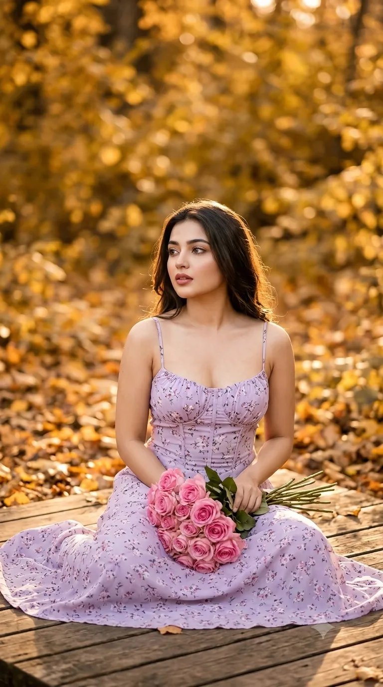 Ultra-realistic Indian young woman, dark wavy hair, lavender floral dress seated outdoors, holding pink roses in lap, looking away to side,
