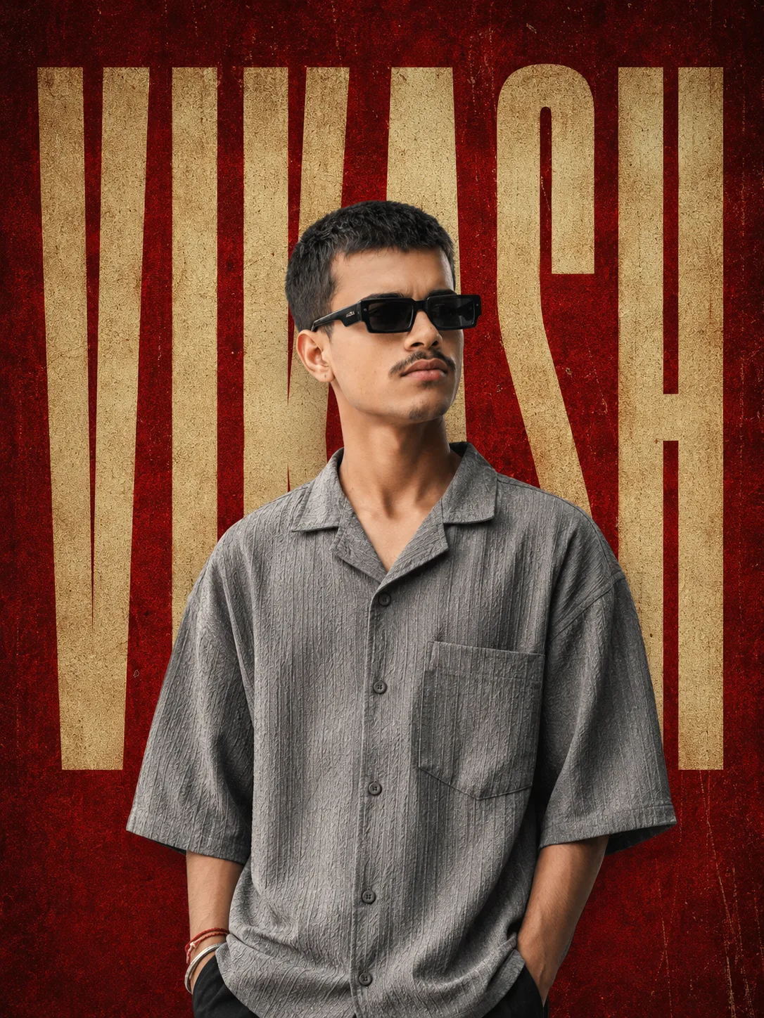 Ultra-stylized cinematic poster design featuring a confident 18 year Indian boy with normal cut hair, and black rectangular sunglasses,