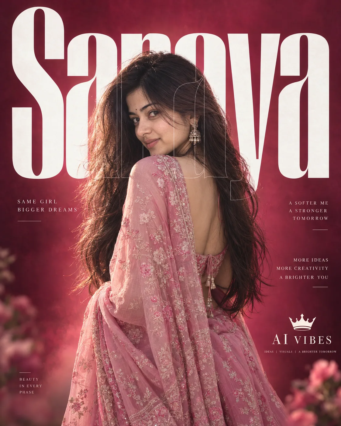 Create an ultra-realistic cinematic fashion poster featuring a completely original young South Asian woman with naturally long, voluminous
