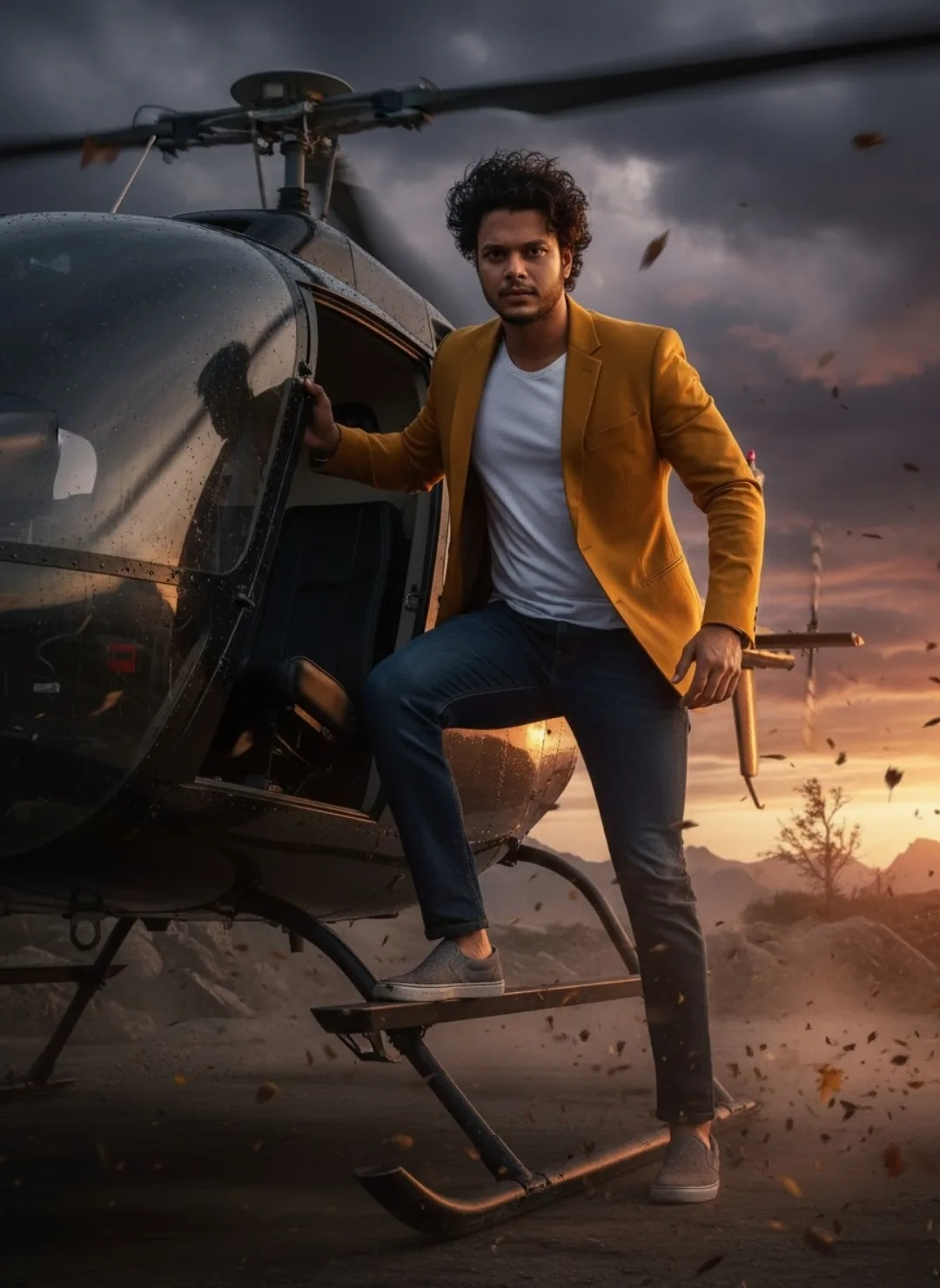 A cinematic, high-contrast scene of a confident man stepping out of a rain-dappled black helicopter at sunset, low-angle three-quarter