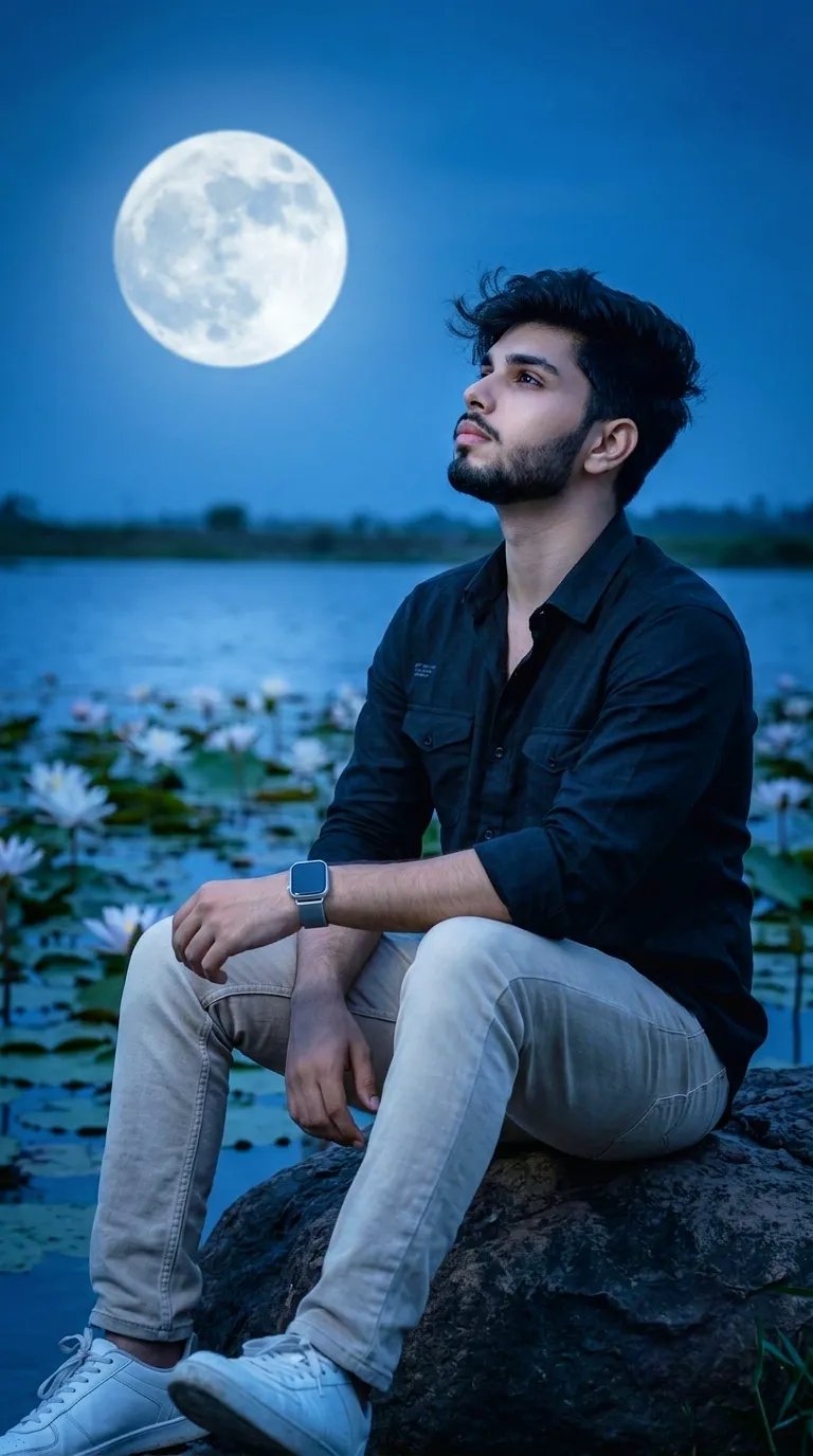 Generate a photo of a young man sitting near lotus lack at night under full moonlight, looking at the sky.