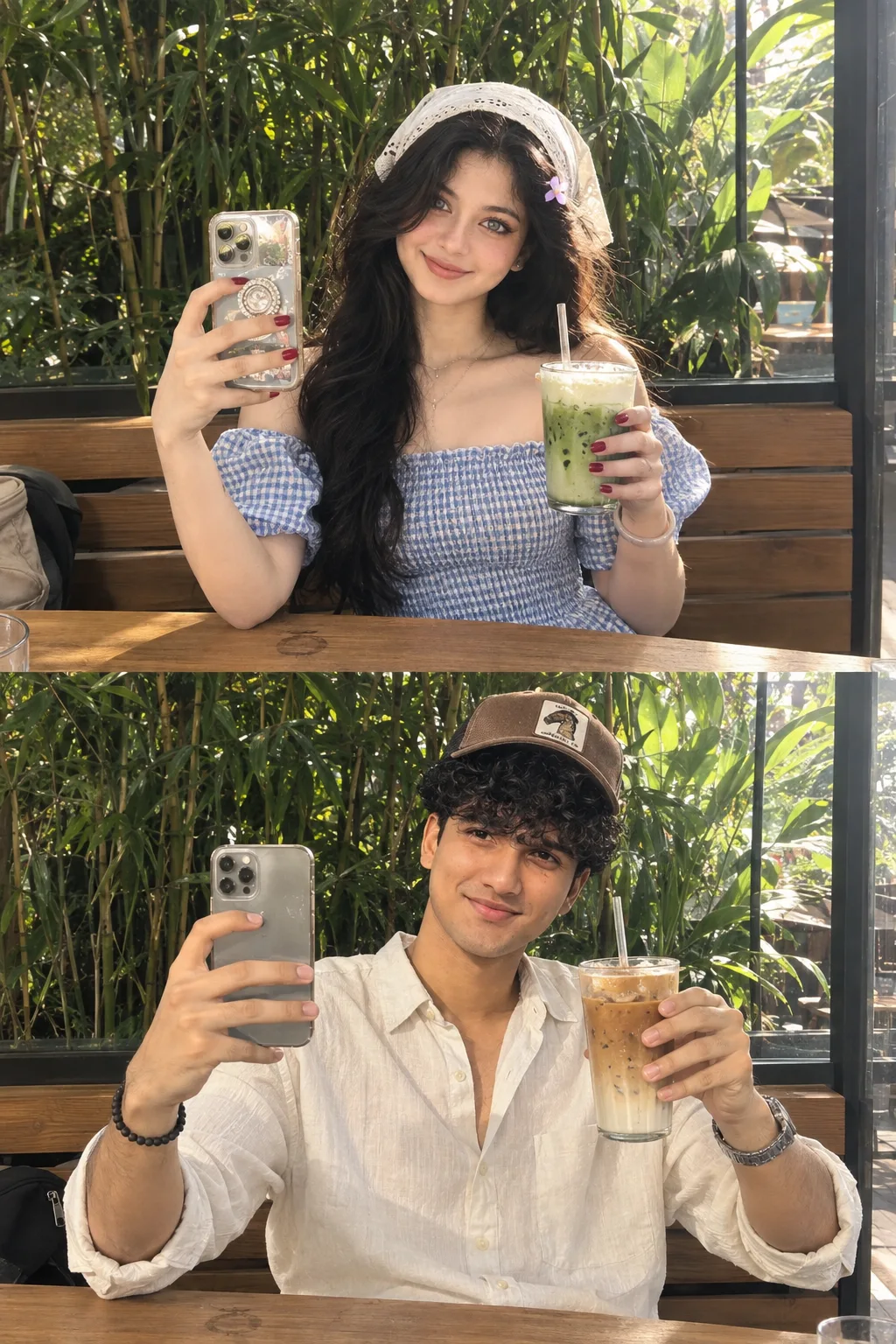 Subject 1: Girl in the image Subject 2: Guy in the image A hyper-realistic, two-panel iPhone portrait captures Subject 1 and Subject 2