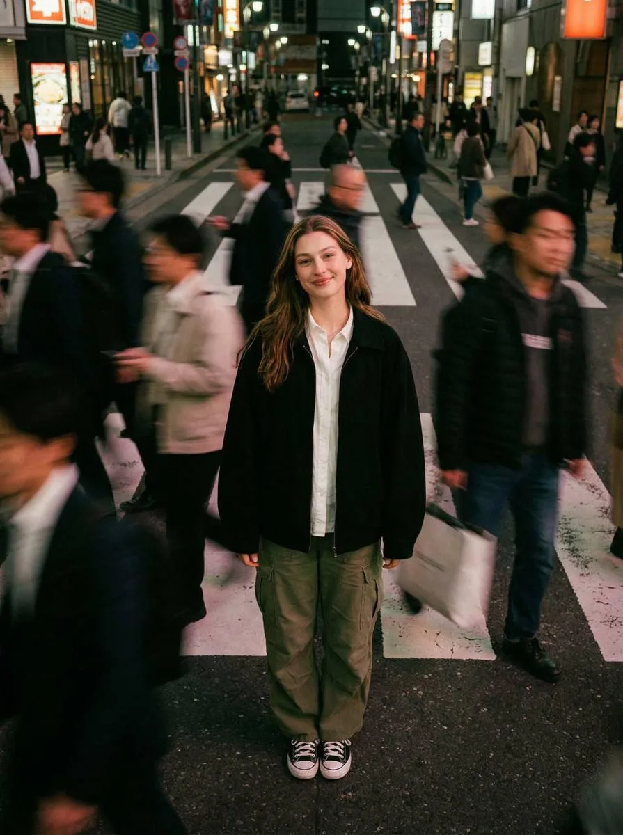 Cinematic street photography capturing a moment in motion with a crowd blur effect.