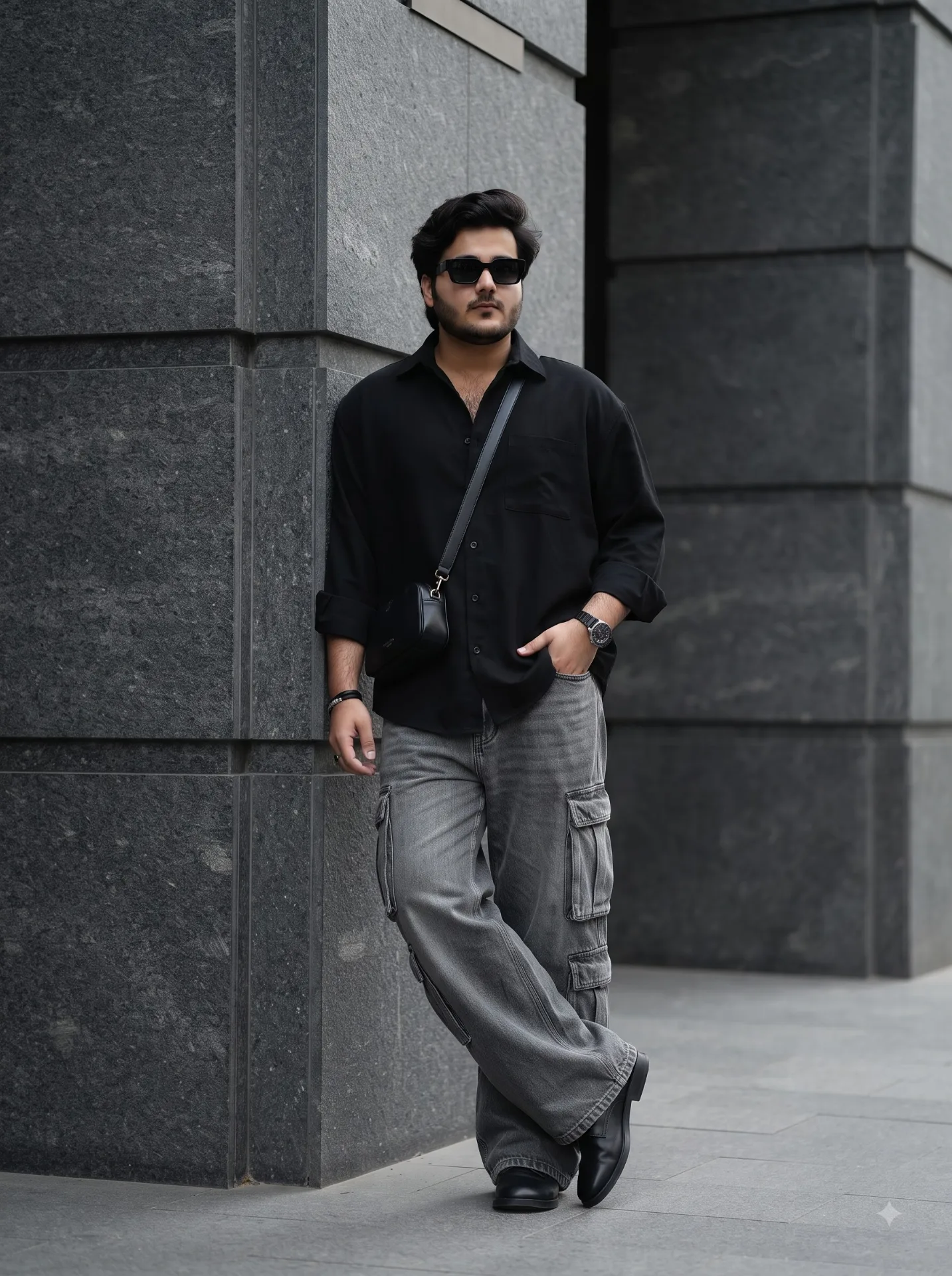 A breathtakingly handsome young male fashion model stands effortlessly against a towering charcoal-gray architectural stone wall in a