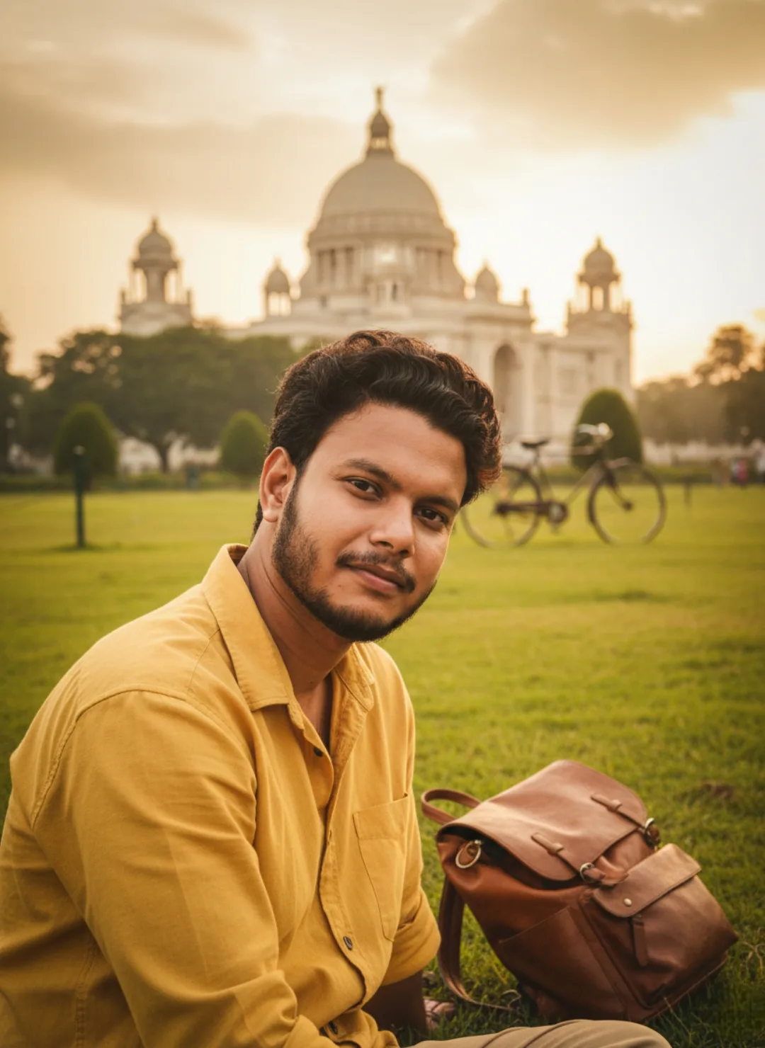A young South Asian man with wavy dark hair and a short beard sits on lush green grass, looking directly at the camera with a calm, slight