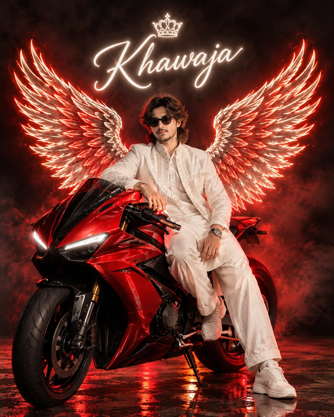 Create a 4K Ultra HD, ultra-realistic cinematic luxury fantasy poster featuring a confident, stylish young South Asian man sitting proudly