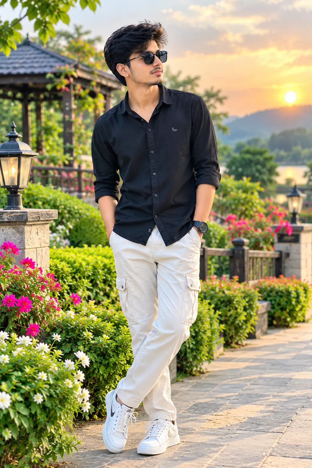 A handsome young South Asian man wearing a stylish modern outfit, standing confidently in a beautiful luxury garden with colorful flowers,