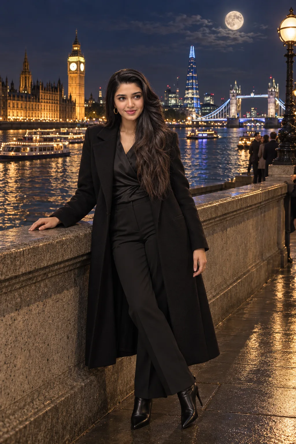 CONCEPT: A luxurious, photorealistic full-length night photograph featuring the same beautiful woman from image_82.png, preserving her