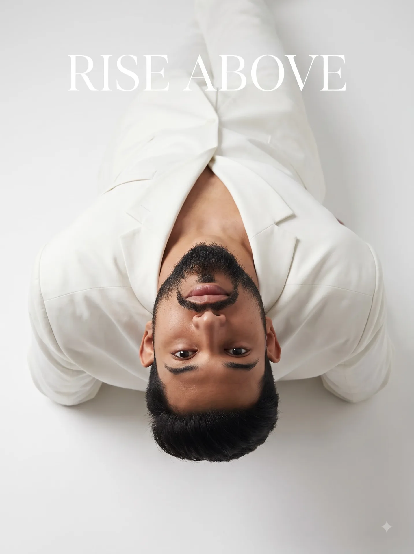 Luxury editorial portrait. Main Subject: Young male model wearing a matte white oversized jacket. Pose: Looking directly upward with