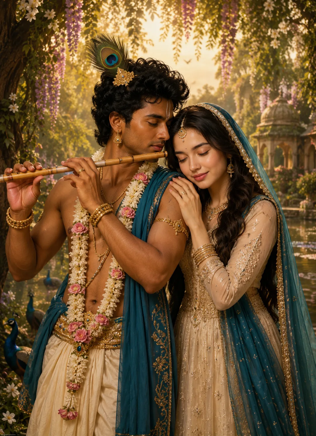 A breathtaking, ultra-realistic cinematic portrayal of Lord Krishna and Radha standing together in a divine Vrindavan garden.