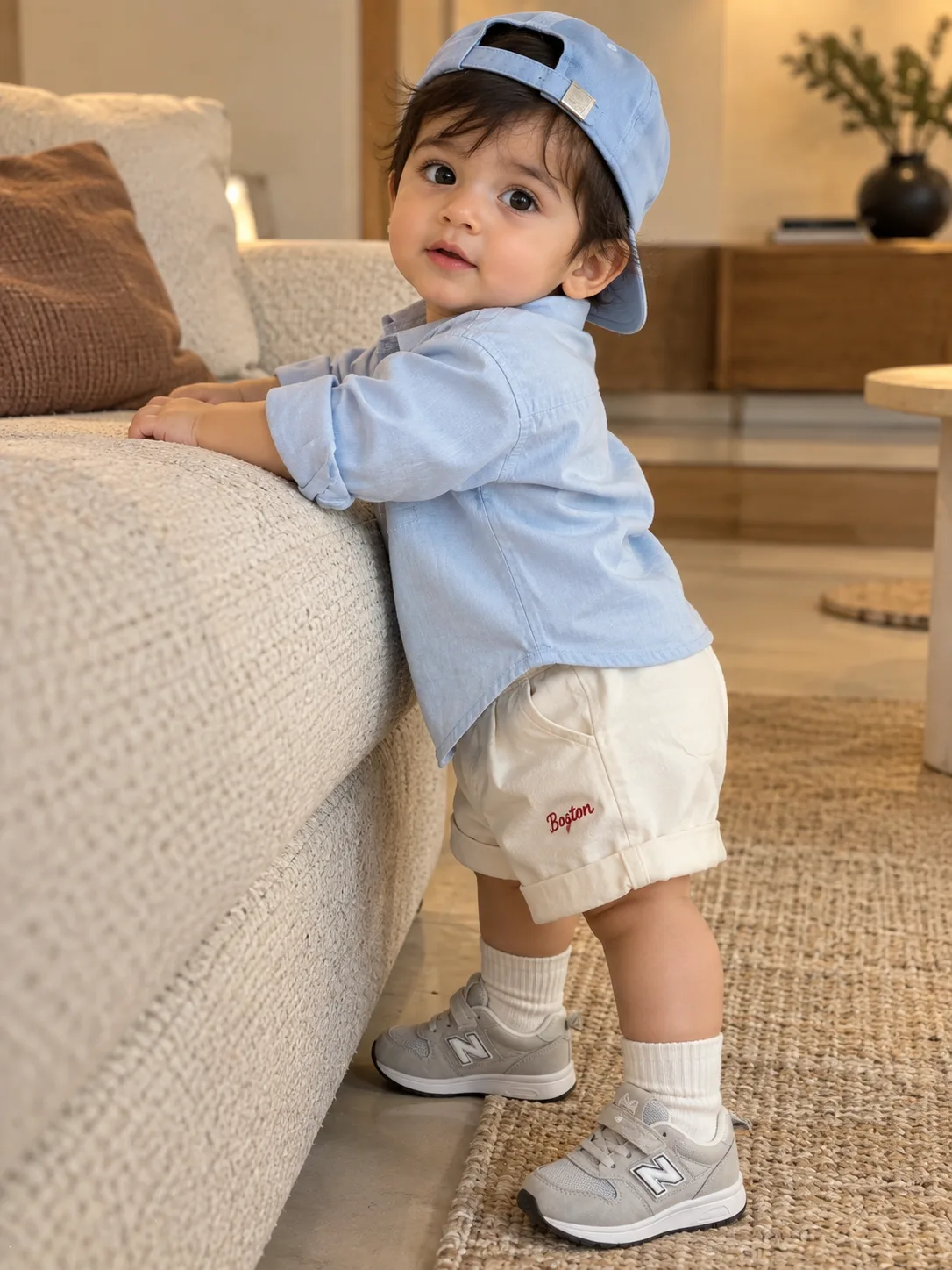 A REALISTIC PHOTO OF AN ADORABLE BABY BOY LEANING AGAINST A TEXTURED OFF-WHITE SOFA WHILE STANDING UP.