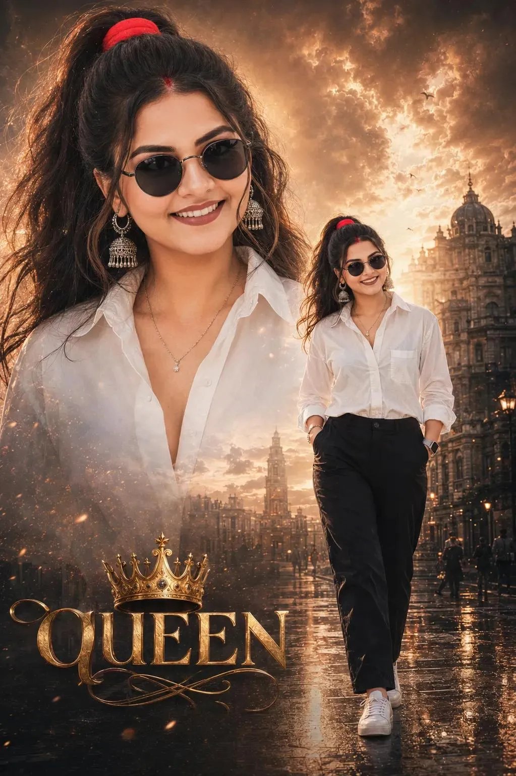 A cinematic, multi-exposure poster design featur-ing a young South Indian 18 year old women as uploaded image wearing dark sunglasses, a