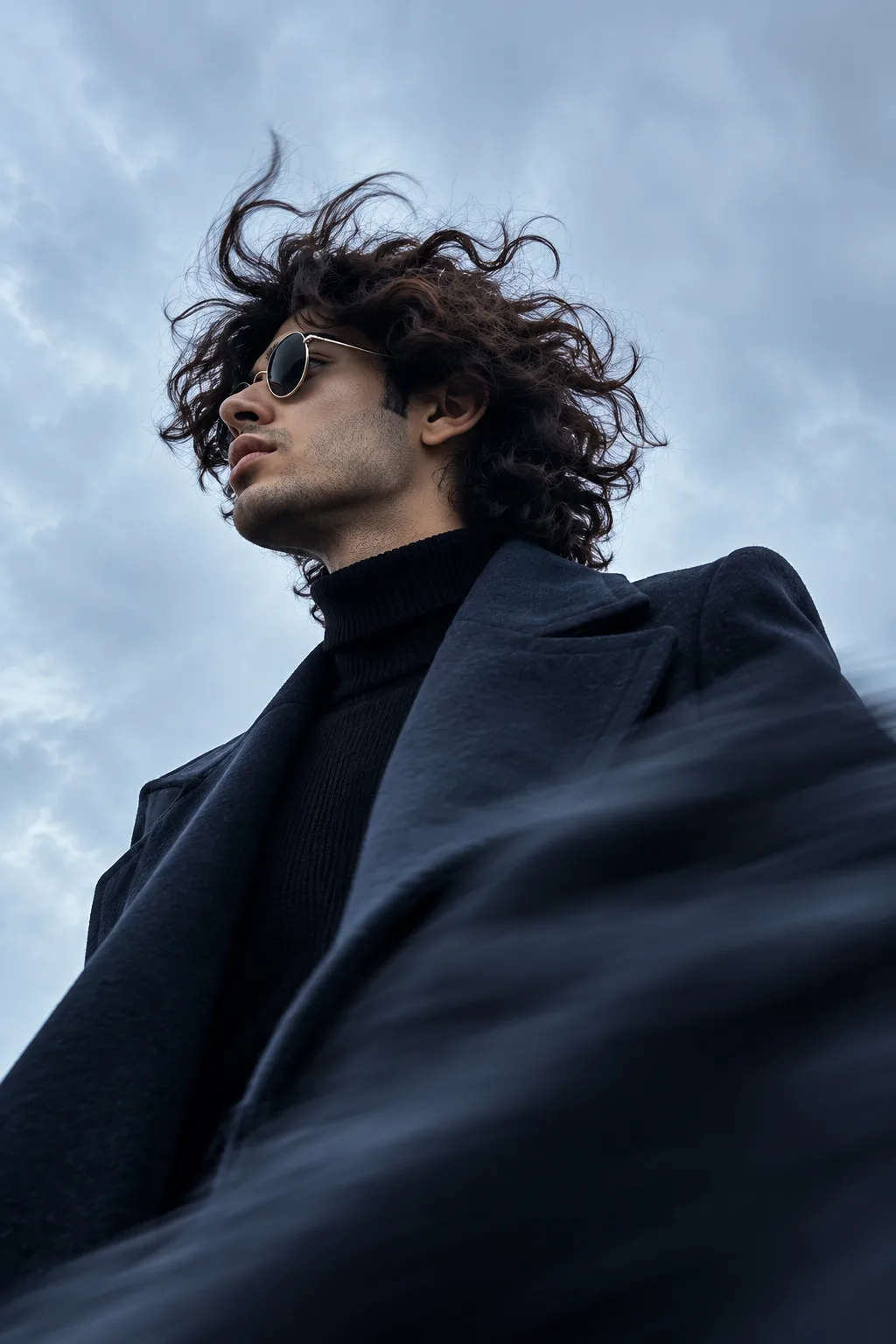 Moody, cinematic low-angle fashion portrait of a young man in profile, turned to the left with his chin slightly lifted, shot from below