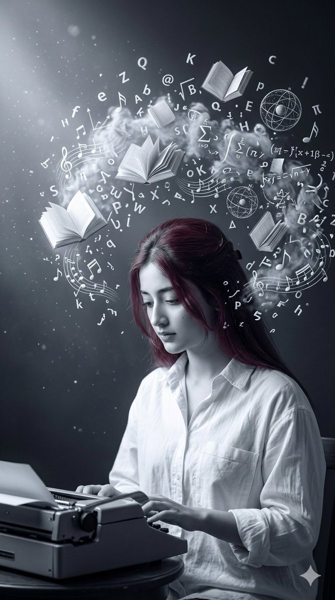 Image using Gamini Gamini prompt💬 Ultra-realistic surreal fine art portrait of a person sitting at a vintage typewriter, deeply focused,