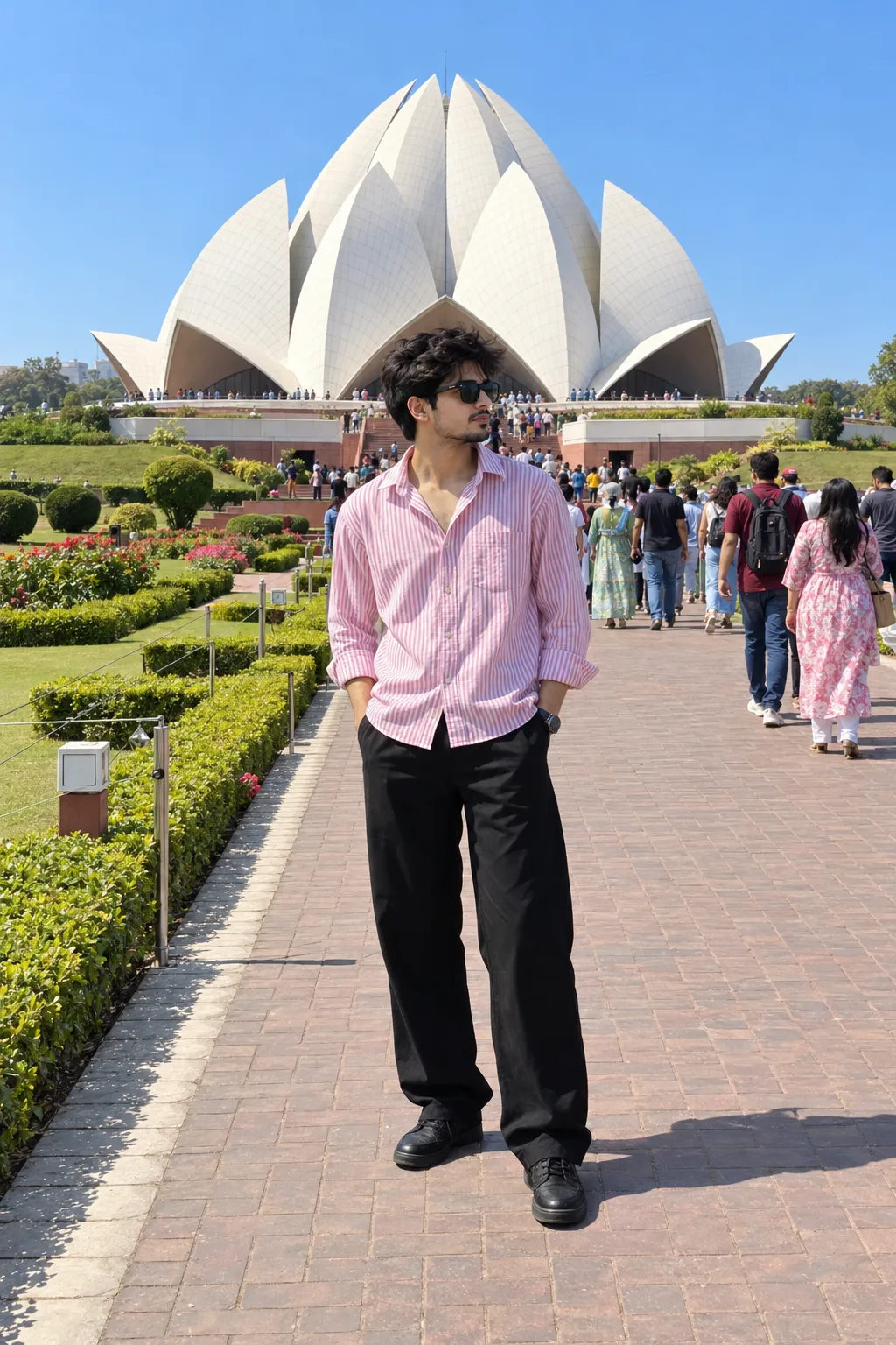 A realistic high-resolution full-body travel photograph of a young South Asian man standing confidently on a paved pathway in front of the