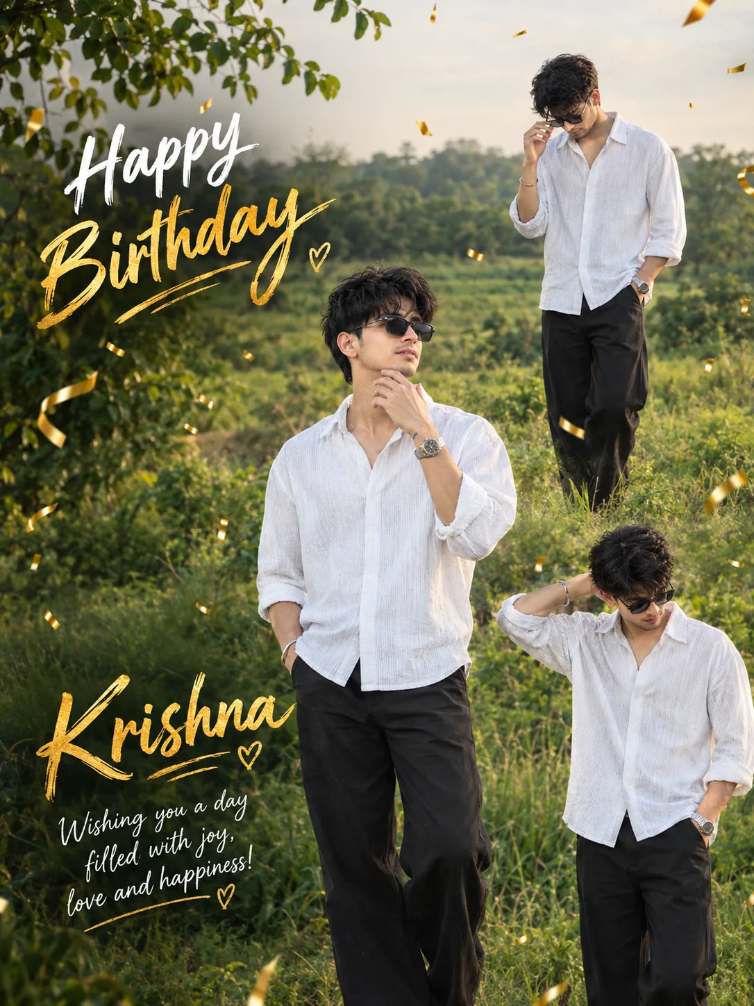 Ultra realistic photograph of a stylish young Indian man in a premium cinematic outdoor birthday portrait collage, featuring the same