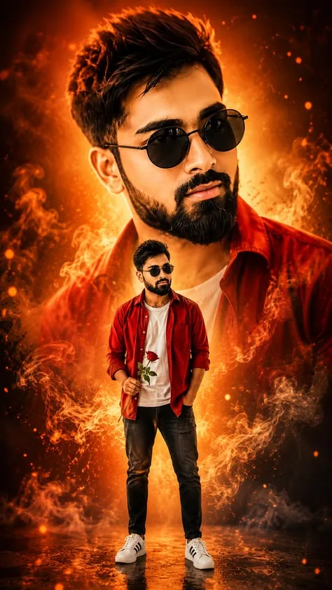 A stunning double exposure conceptual photo illustration of a stylish young South Asian man with a well-groomed beard, trendy modern
