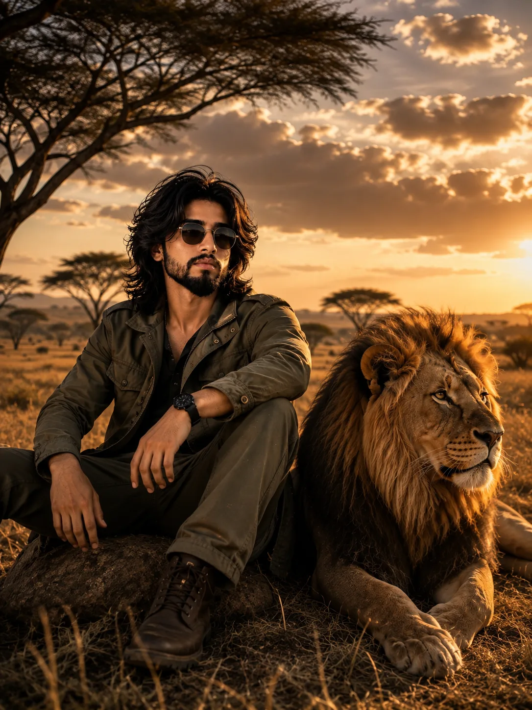 A hyper-realistic, 8k, cinematic wide-shot captures a serene moment in the African savanna during golden hour, with a vertical orientation.