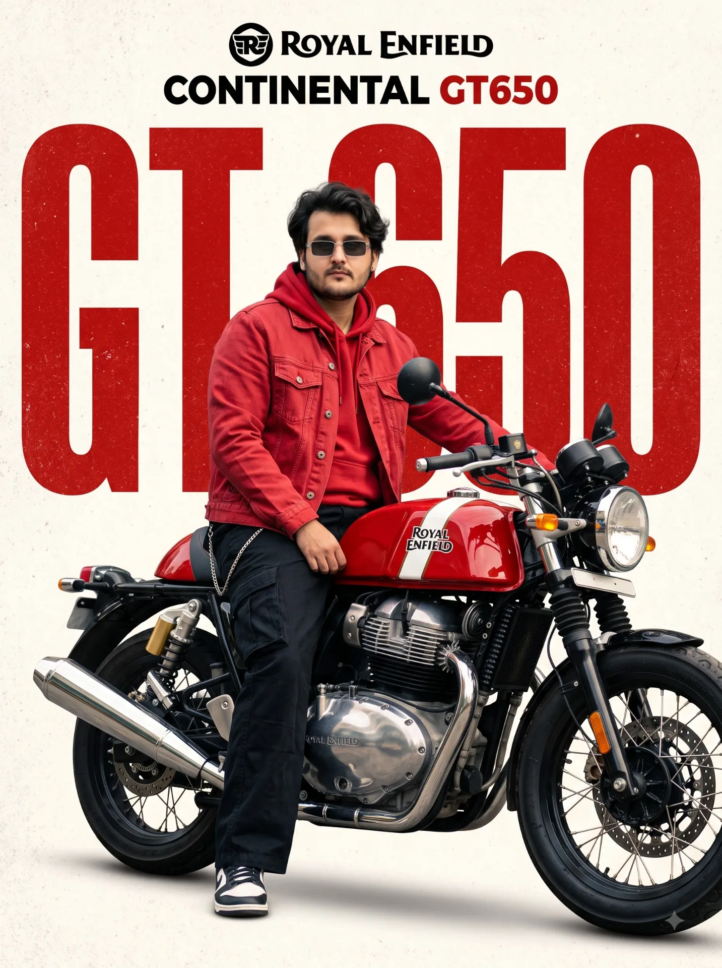 A photorealistic, vintage-style advertising poster featuring a stylish young man sitting confidently on a red and black Royal Enfield