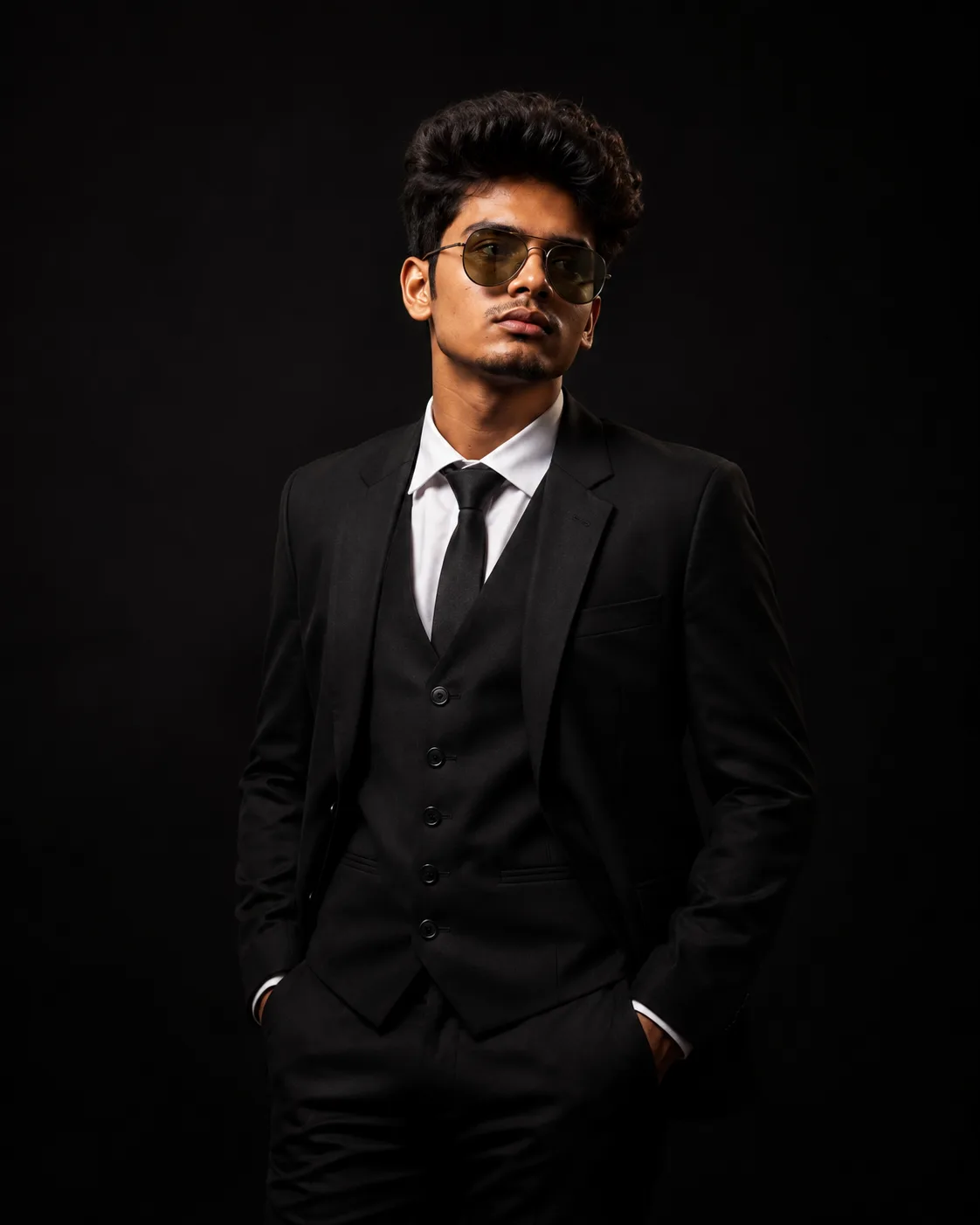 Create a premium, ultra-realistic low-key studio portrait of the uploaded man, preserving his natural facial identity, skin tone, age,