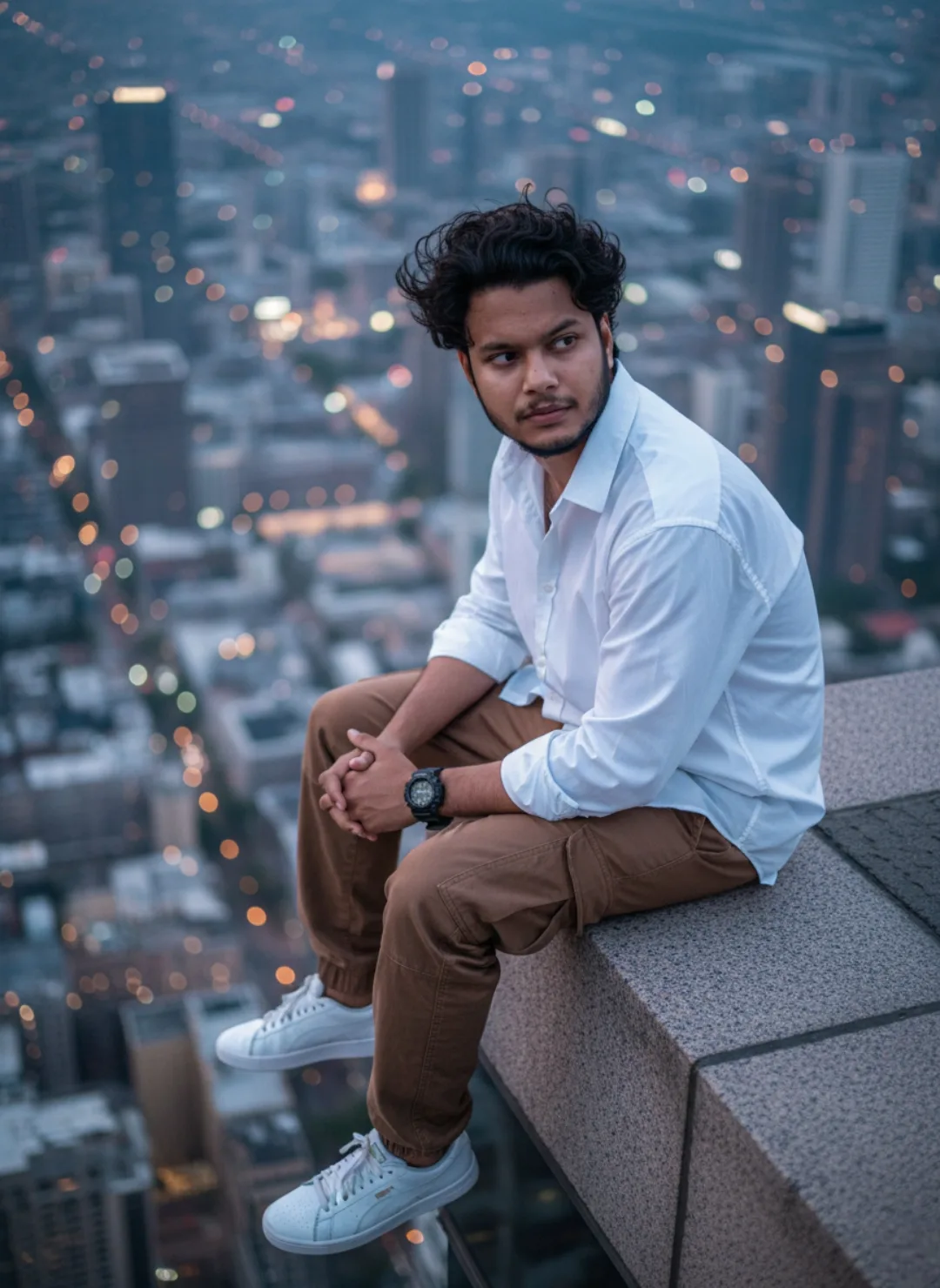 A young South Asian man with curly dark hair and light facial stubble sits casually on a textured stone ledge high above a sprawling city