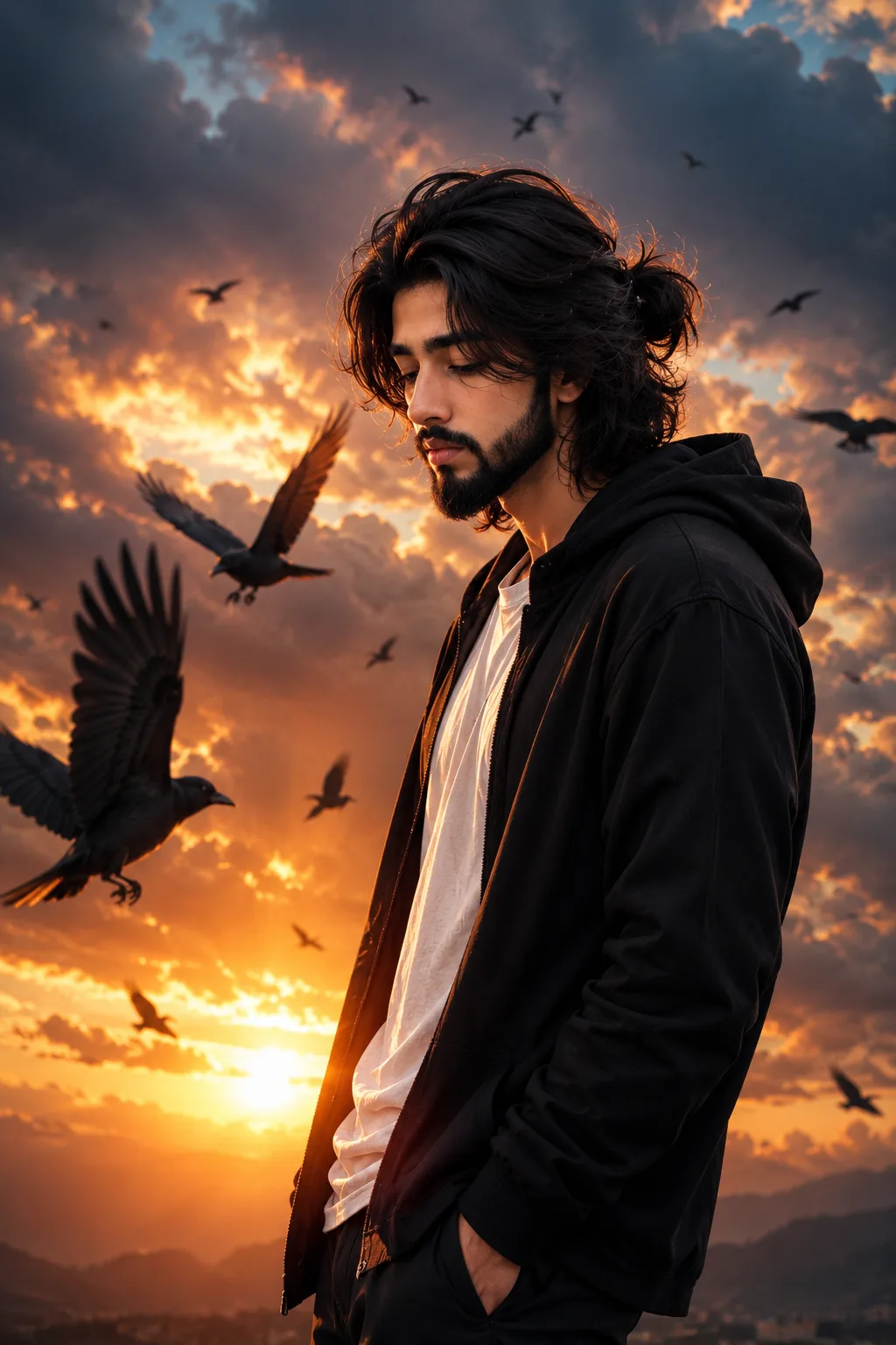 A highly cinematic, photorealistic digital portrait of a handsome young adult man standing in side profile against a dramatic sunset sky
