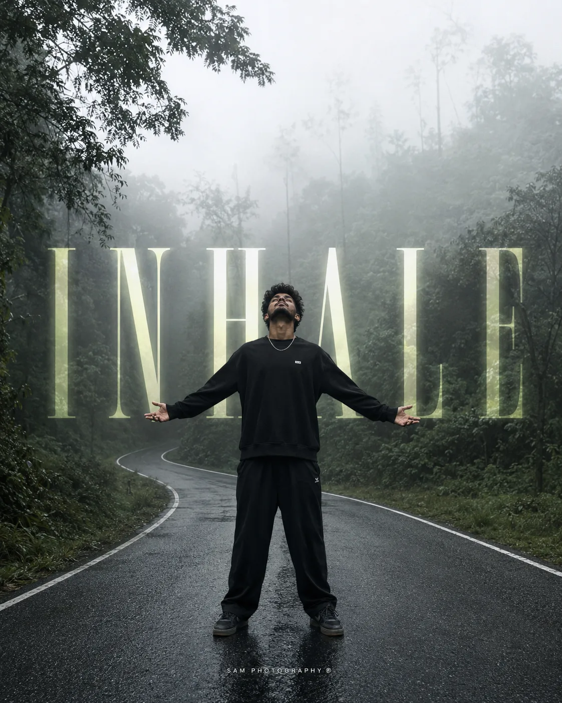 Create an ultra-realistic cinematic full-body portrait of a young South Indian man standing alone in the exact center of an empty winding