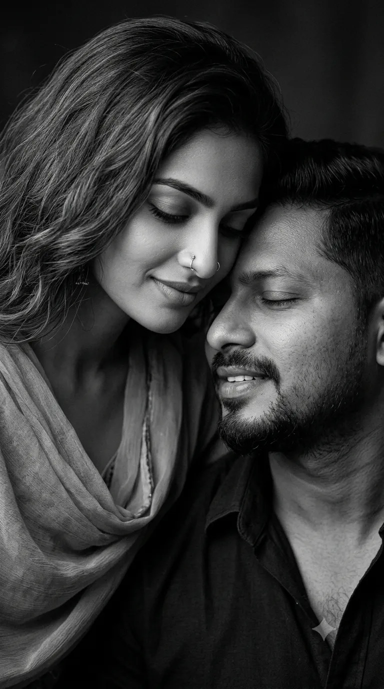 A romantic, ultra-realistic black-and-white close-up portrait of a couple.