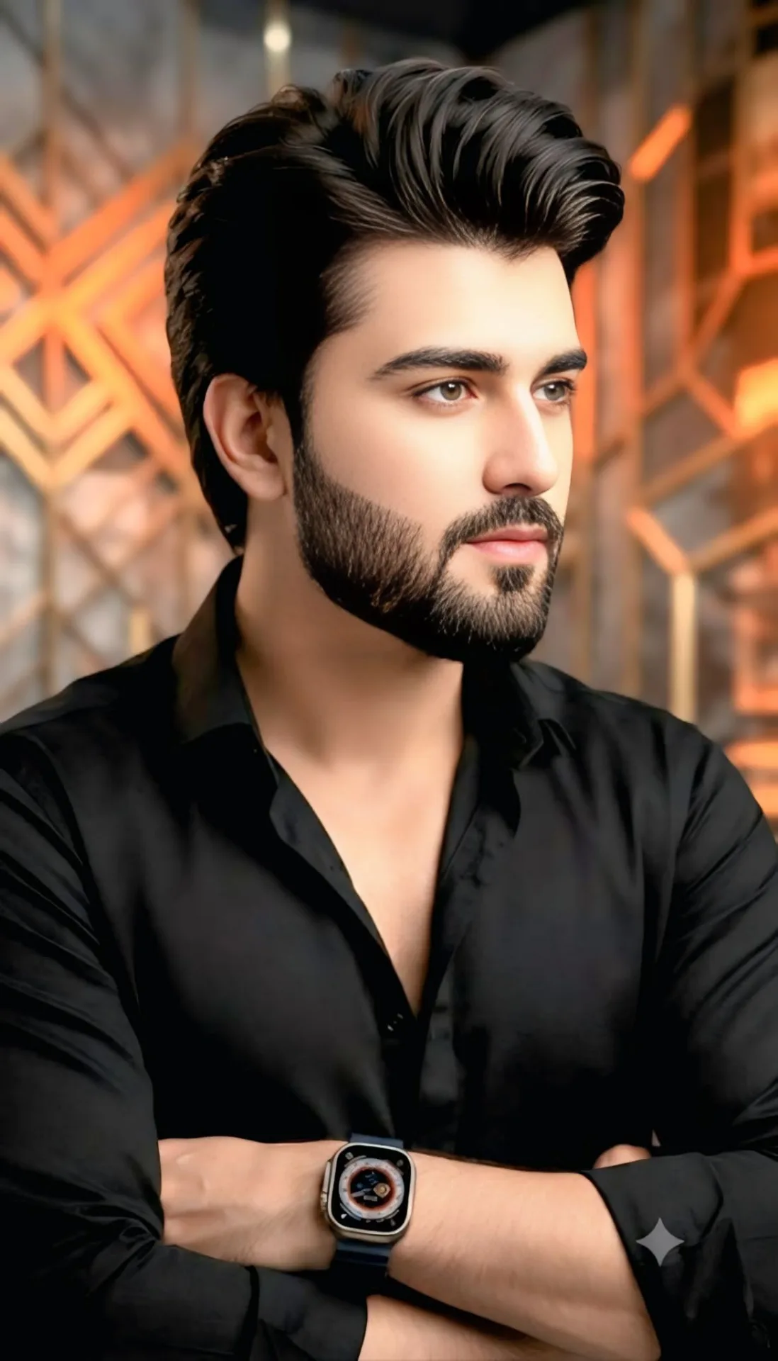A high-quality studio portrait of a handsome Middle Eastern man with perfectly styled, voluminous dark hair and a meticulously groomed,