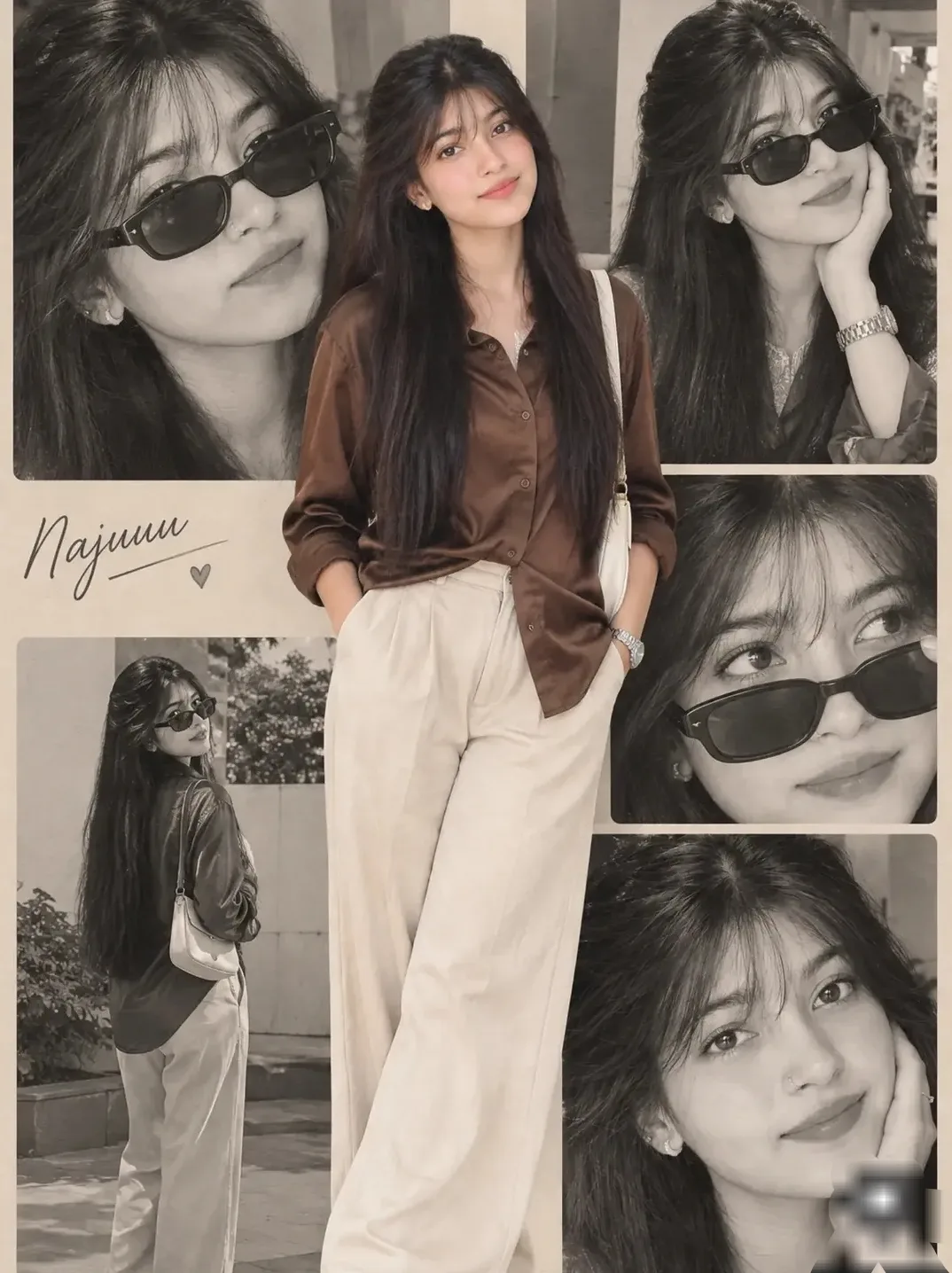 Ultra-realistic collage portrait of a stylish young Indian woman, brown satin shirt, beige wide-leg pants, white platform sandals, long