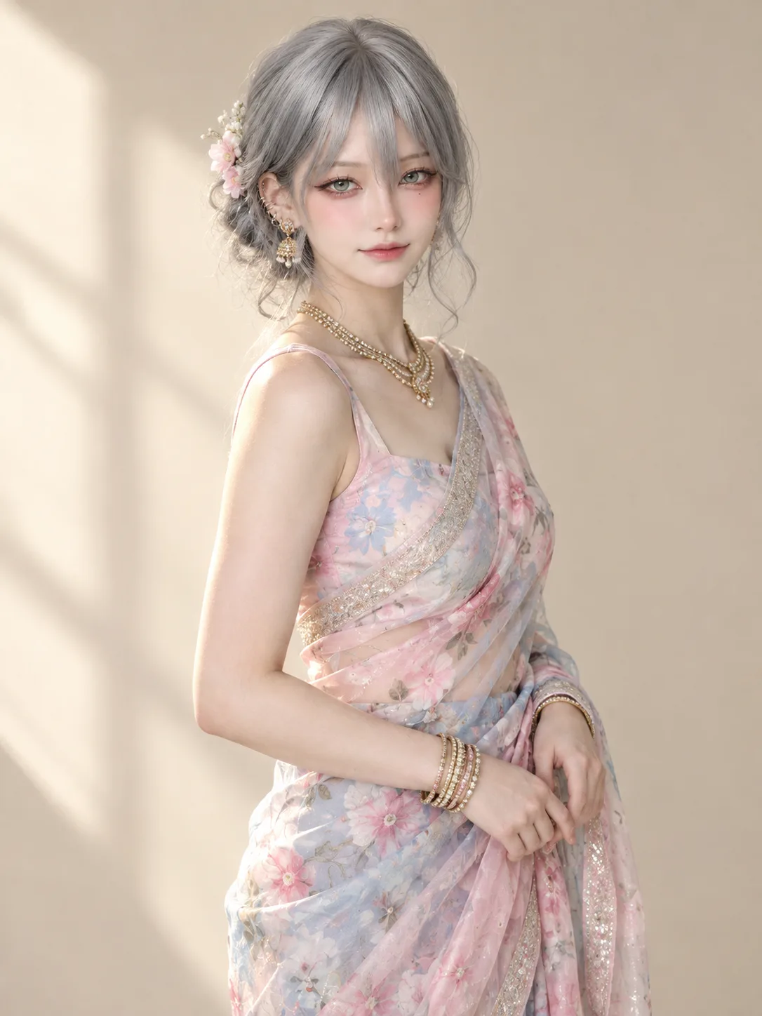 Ultra-realistic portrait of a woman using uploaded reference face (preserve face identity 100%), standing in a clean minimal studio