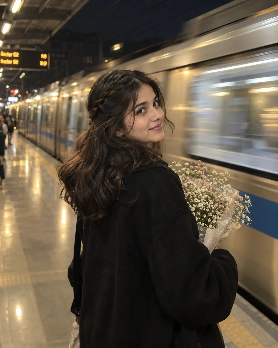 Ultra-realistic cinematic RAW photograph of the same young South Asian woman standing on a modern metro/subway platform at night, turning