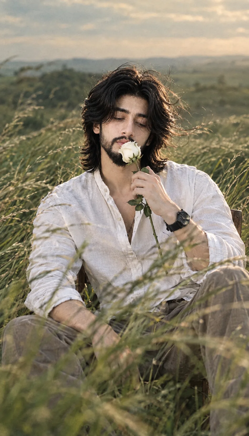 A medium shot photo of a man with shoulder-length wavy dark hair and a beard, sitting casually in a field of tall green grass and weeds.