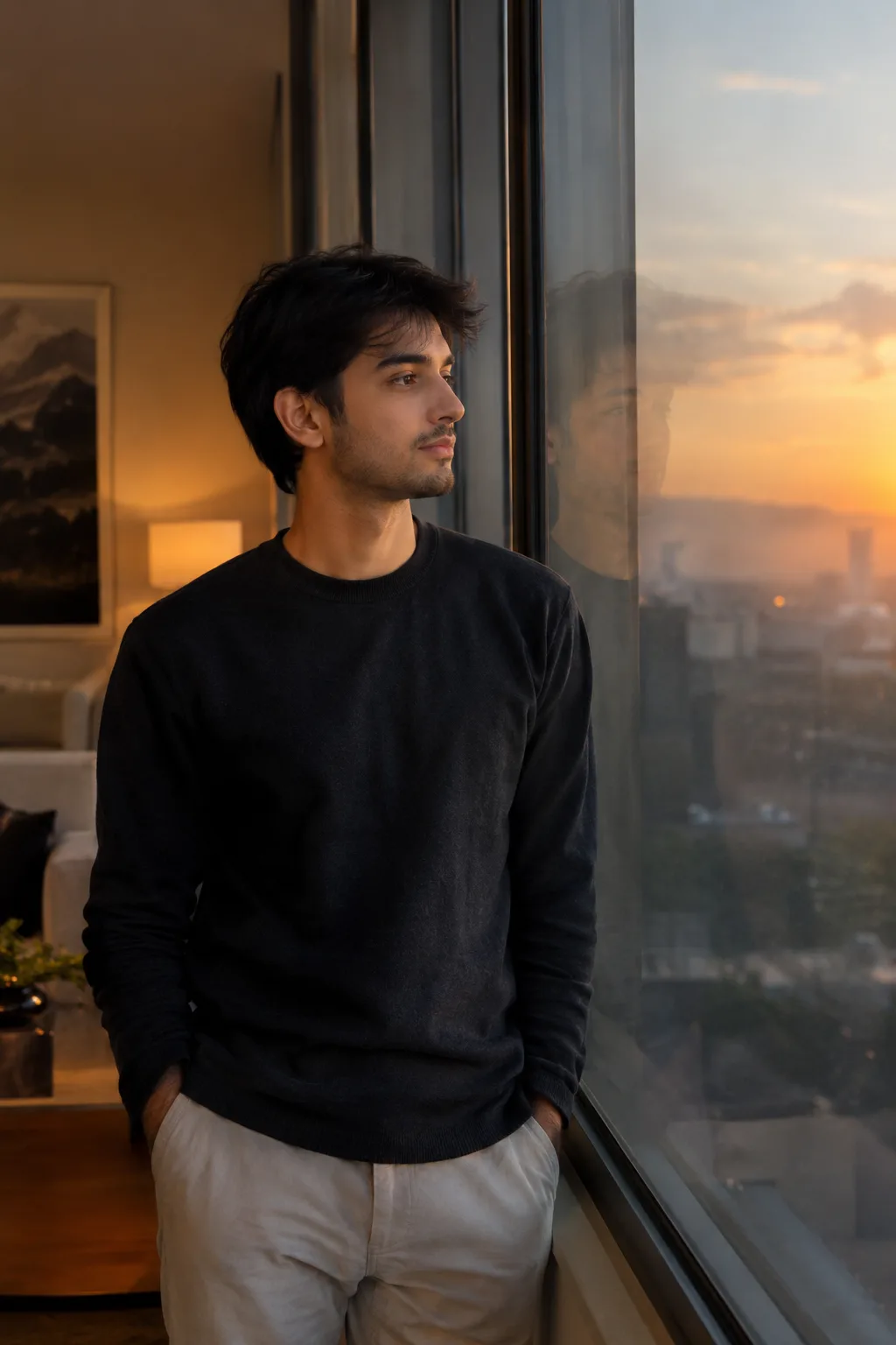 A photorealistic young man standing quietly beside a large window, his subtle reflection visible in the glass, soft golden evening light