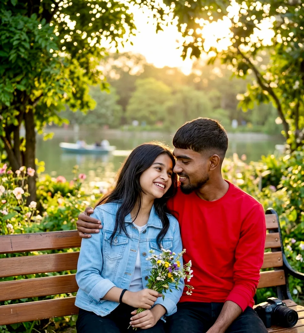 A photorealistic vertical medium shot in exact 9:10 aspect ratio capturing the young South Asian couple from the reference images outdoors