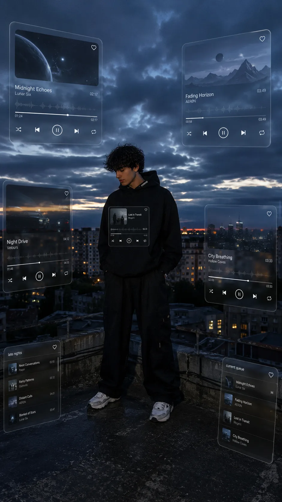 🎨 Visual Direction Ultra-photorealistic cinematic street photography × dark Gen-Z editorial × futuristic music-interface aesthetic ×
