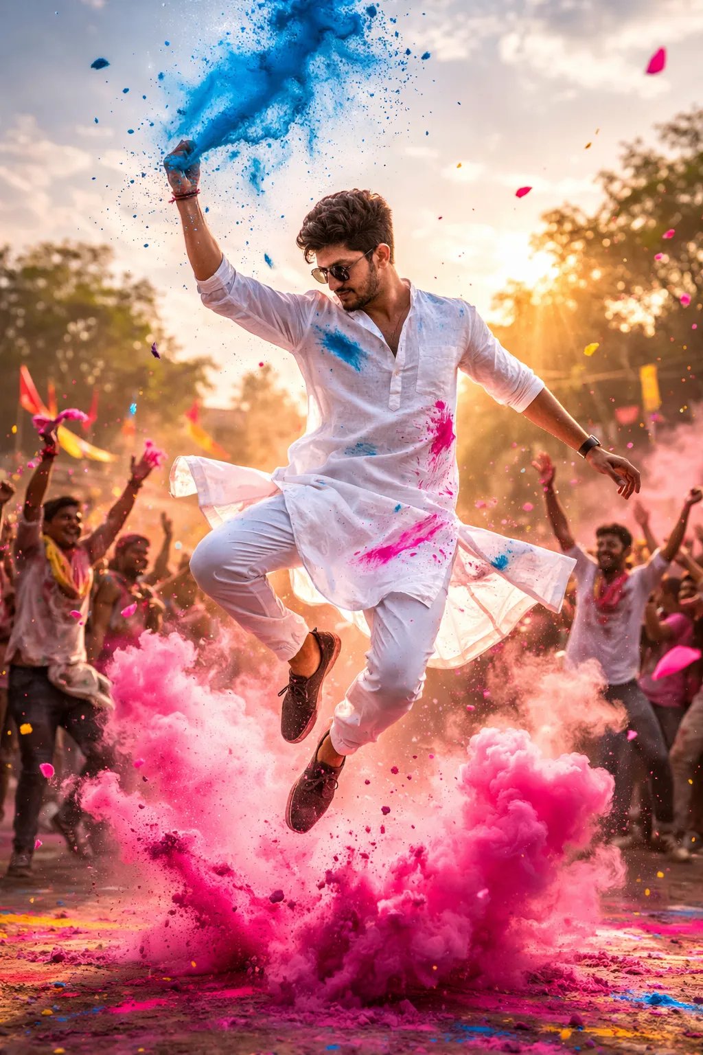 Energetic Holi Celebration Jump