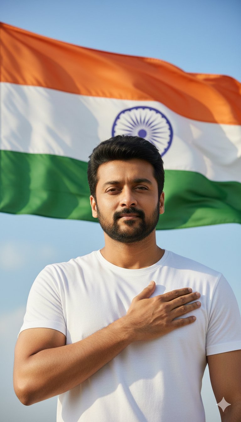 Ultra-realistic cinematic portrait of an Indian man standing proudly with his right hand placed over his chest, expressing deep patriotism