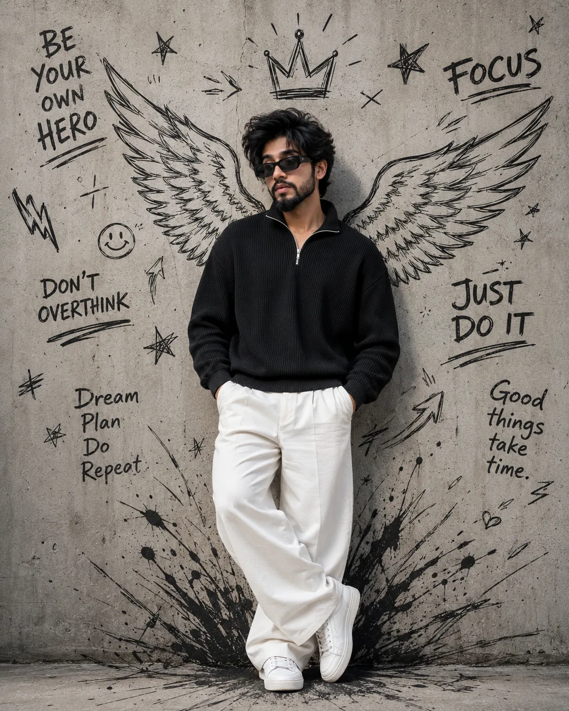 A full-body photograph of a stylish man leaning casually against a textured concrete wall, hands tucked into his pockets.