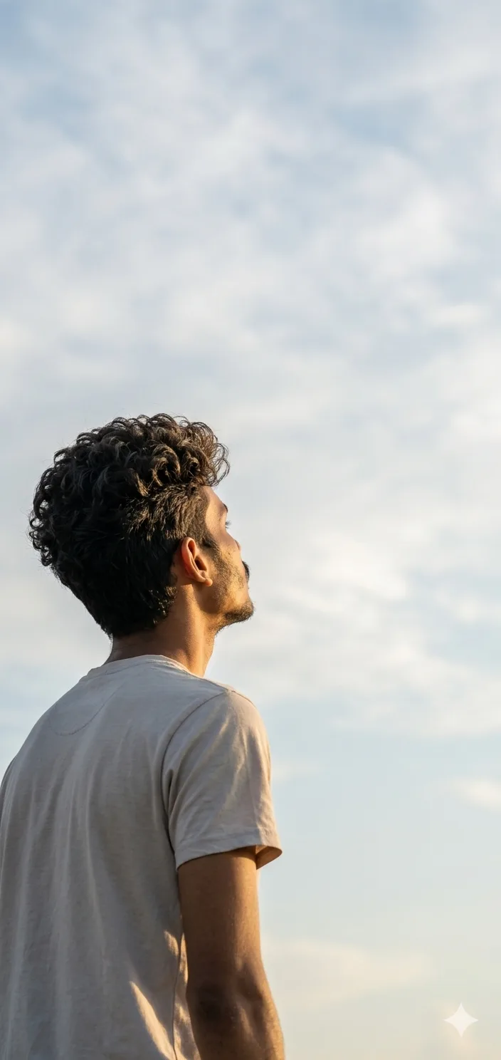 Generate a realistic picture of a young me A photograph taken from a rear three-quarter angle, showing the subject’s back, shoulder, and