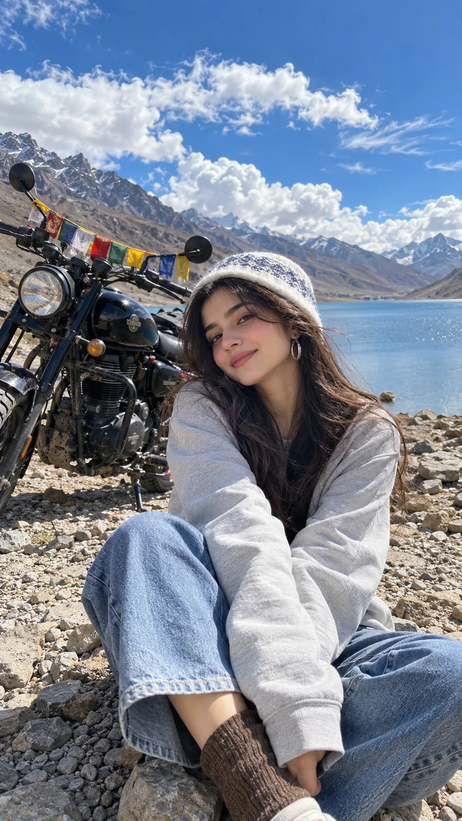 Convert the uploaded image into a outdoor travel portrait of a young beautiful woman sitting casually on a rocky lakeshore, leaning