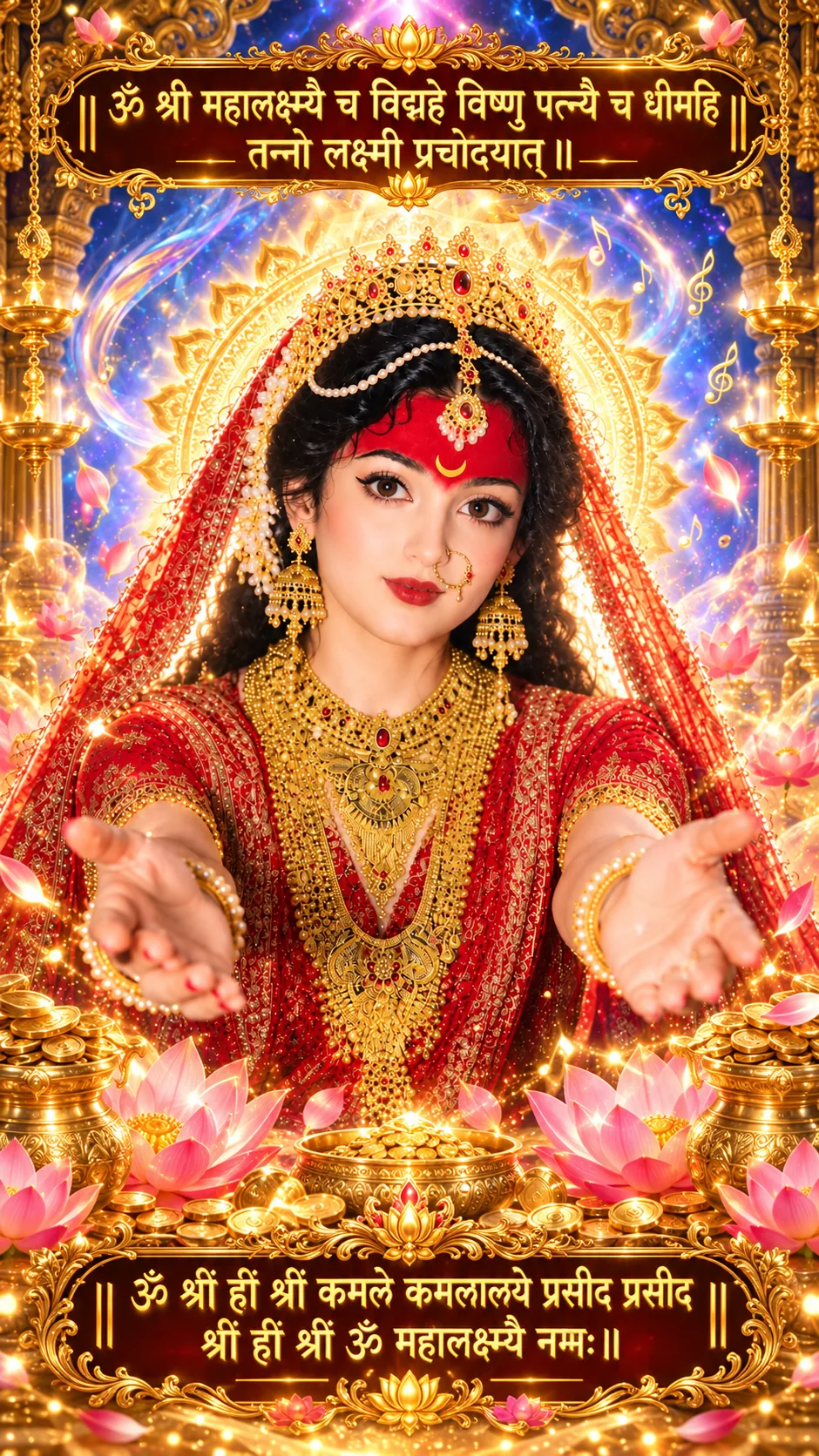 A majestic divine portrait of Goddess Lakshmi seated gracefully in the center, wearing an opulent red and gold traditional saree, an